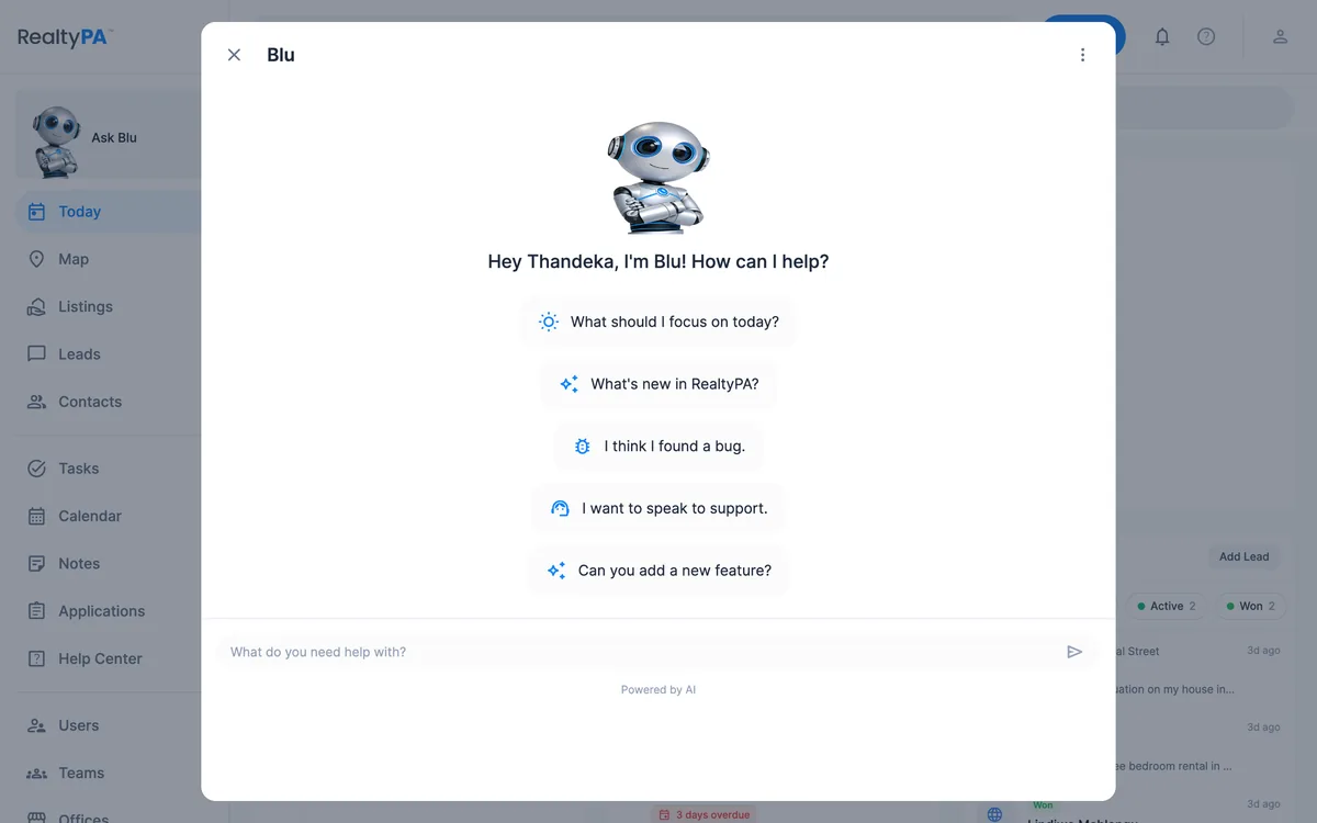 The Blu window in the RealtyPA app, with starter questions such as What should I focus on today?