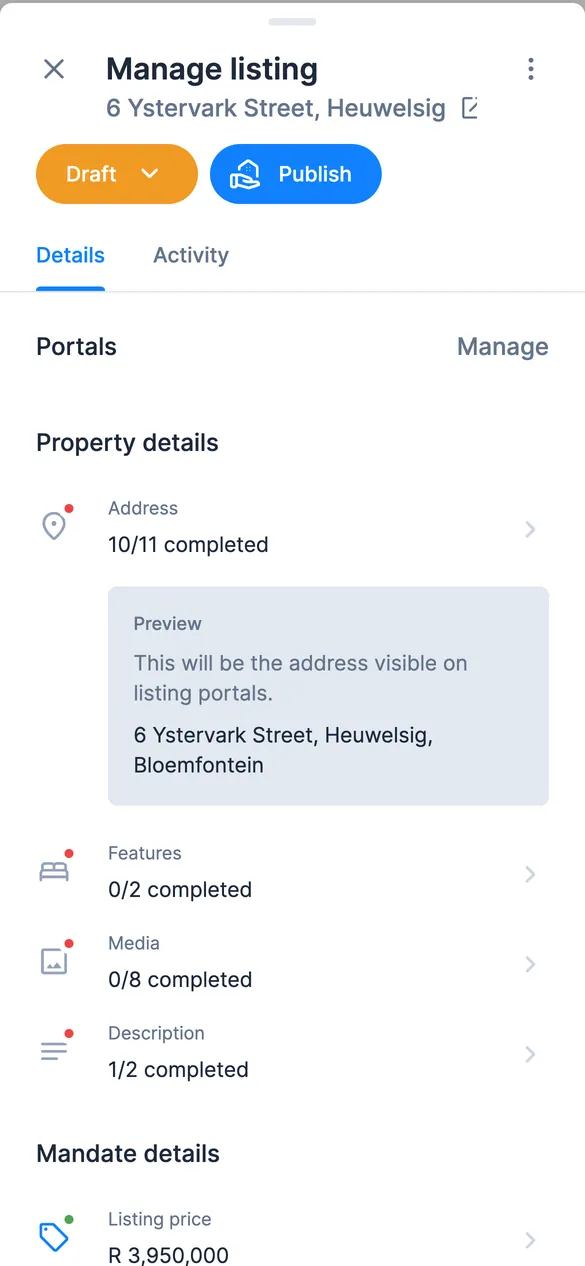 Manage listing screen: portals, property details and what is still missing