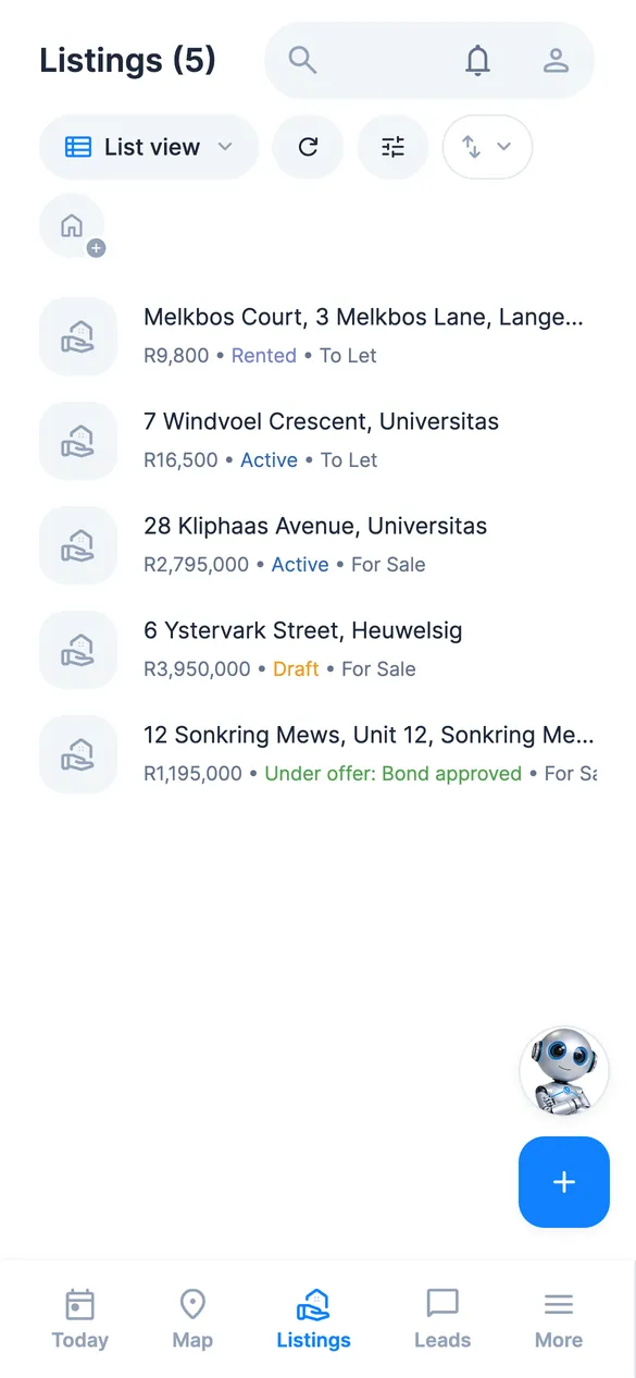 Listings screen: each listing with its price, stage and type