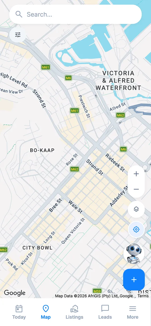 Map screen: a searchable map of Cape Town