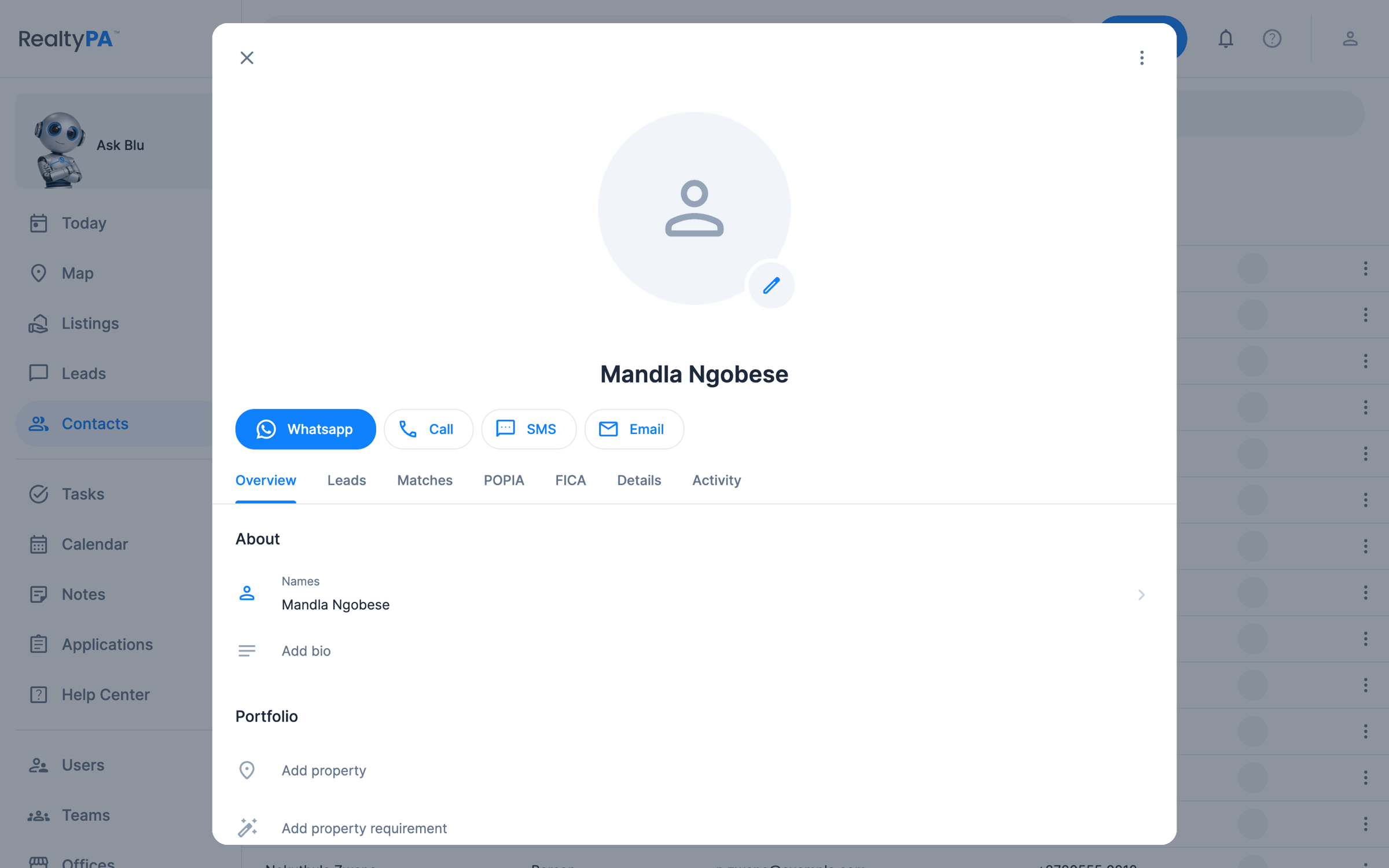 A contact profile in RealtyPA for Mandla Ngobese, with Overview, Leads, Matches, POPIA, FICA, Details and Activity tabs