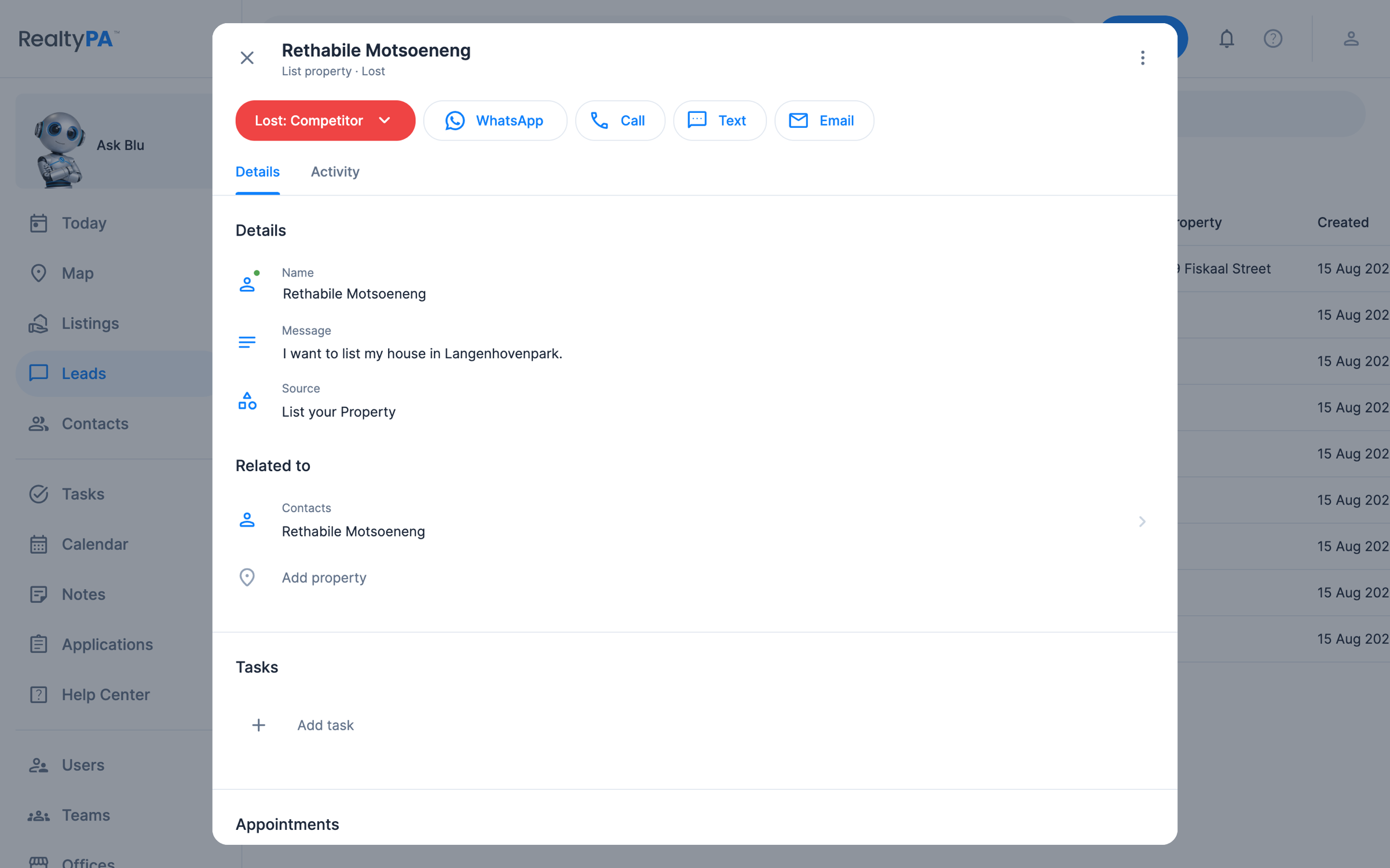 A lead drawer in RealtyPA for Rethabile Motsoeneng: a red Lost: Competitor stage, WhatsApp, Call, Text and Email buttons, and the enquiry message