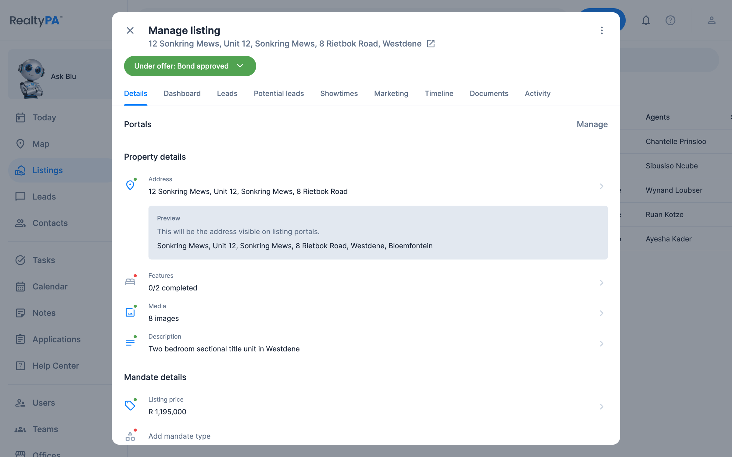 The Manage listing drawer for 12 Sonkring Mews in RealtyPA: an Under offer: Bond approved stage pill, portals, property details, and a R1,195,000 listing price