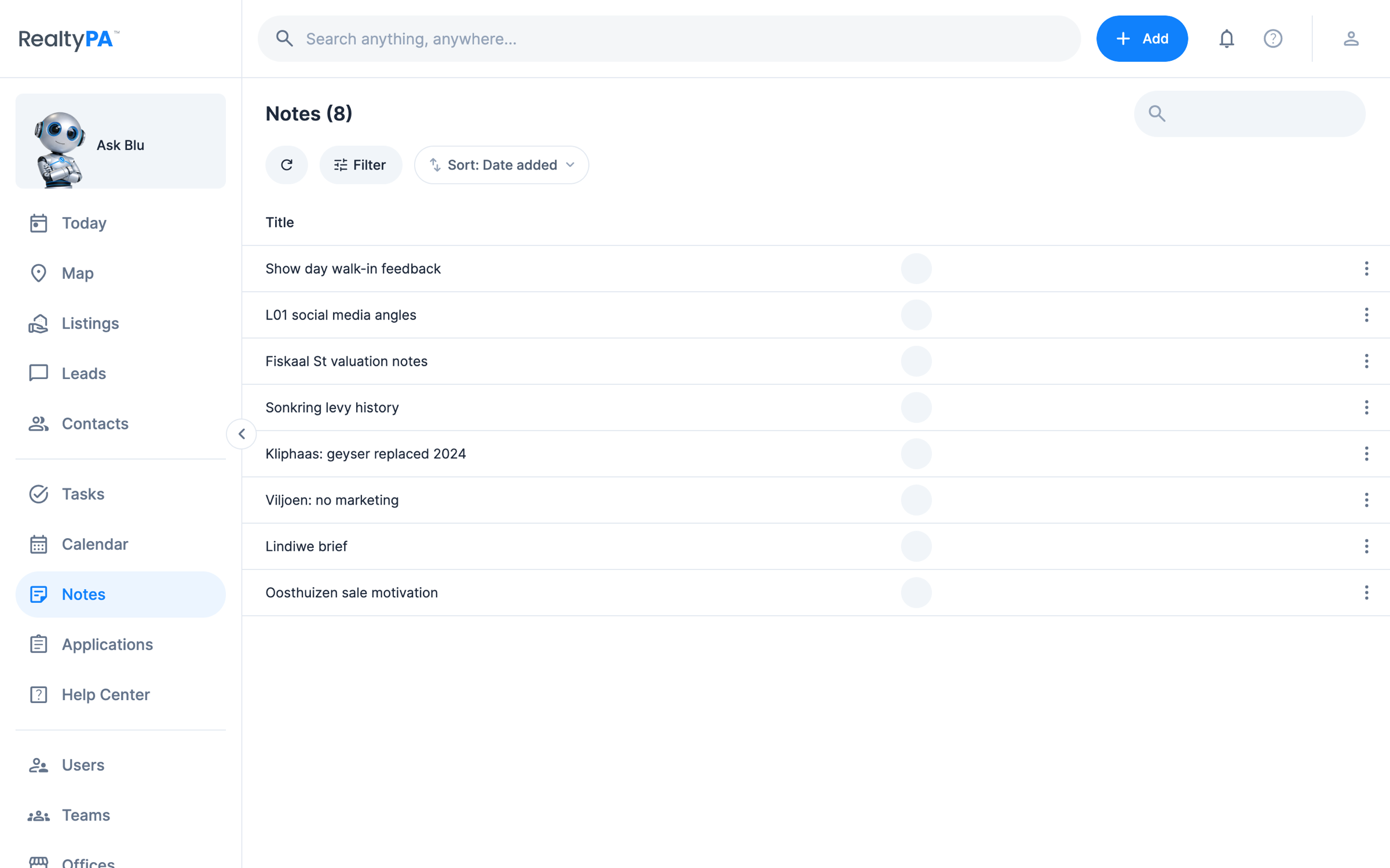 The RealtyPA notes list: eight notes including Kliphaas: geyser replaced 2024, Sonkring levy history, and Oosthuizen sale motivation