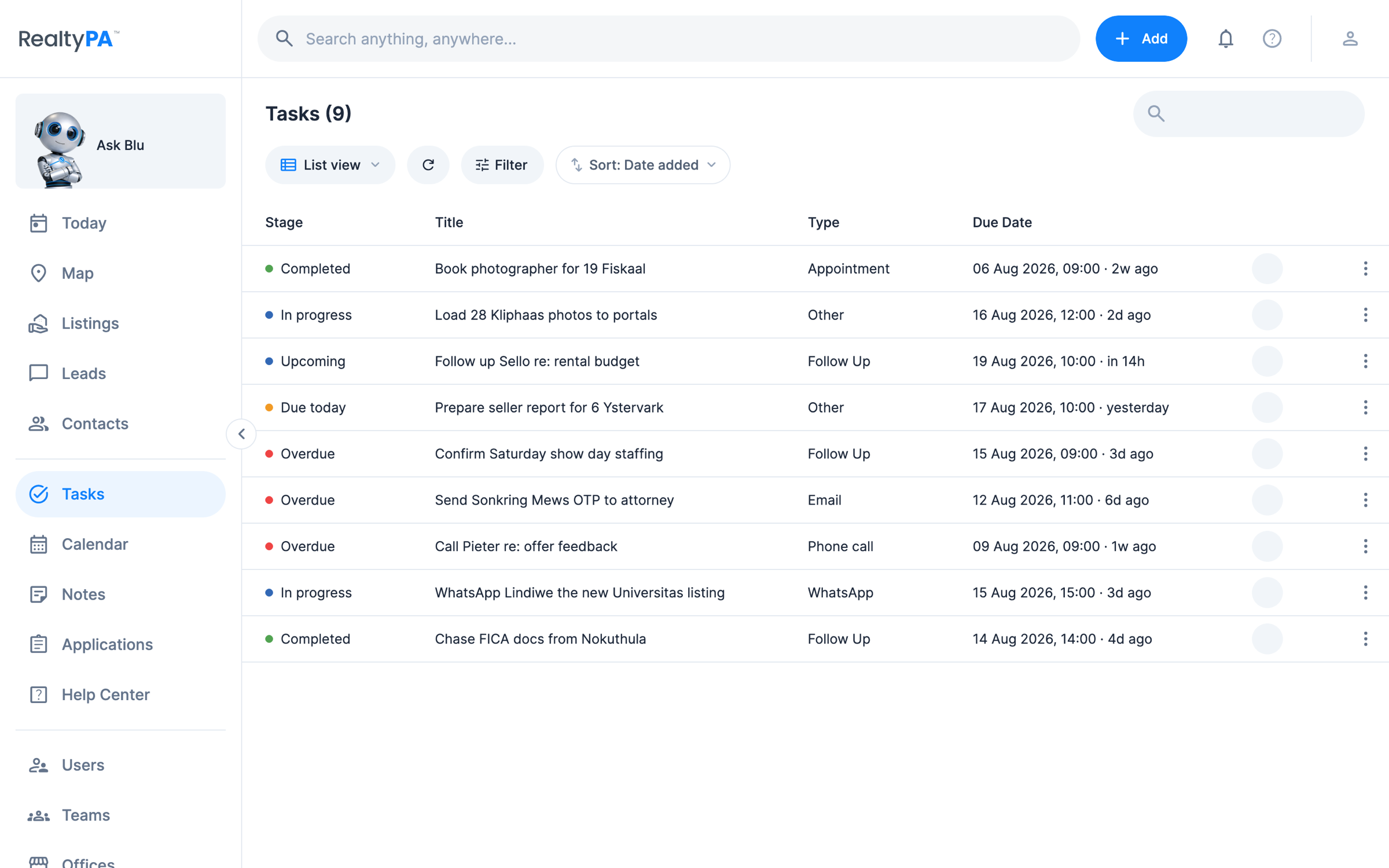 The RealtyPA task list: nine tasks with stage, title, type and due date, three of them flagged Overdue in red