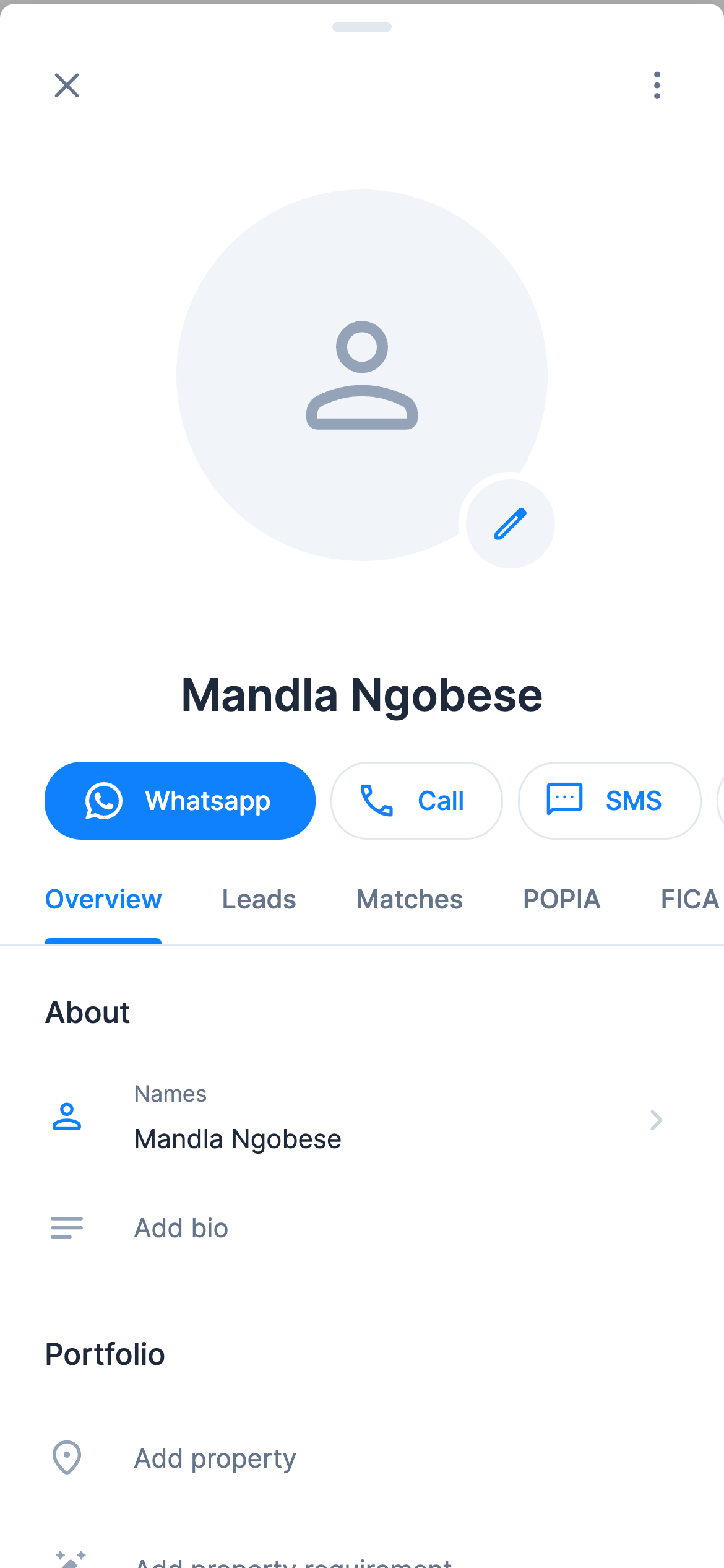 A contact in RealtyPA on a phone, with Whatsapp, Call and SMS buttons and Overview, Leads, Matches, POPIA and FICA tabs