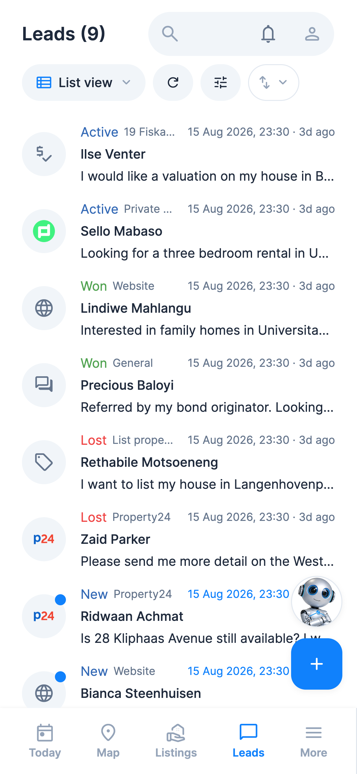 The RealtyPA mobile app showing nine leads from Property24, Private Property, the agency website, and direct valuation and listing enquiries