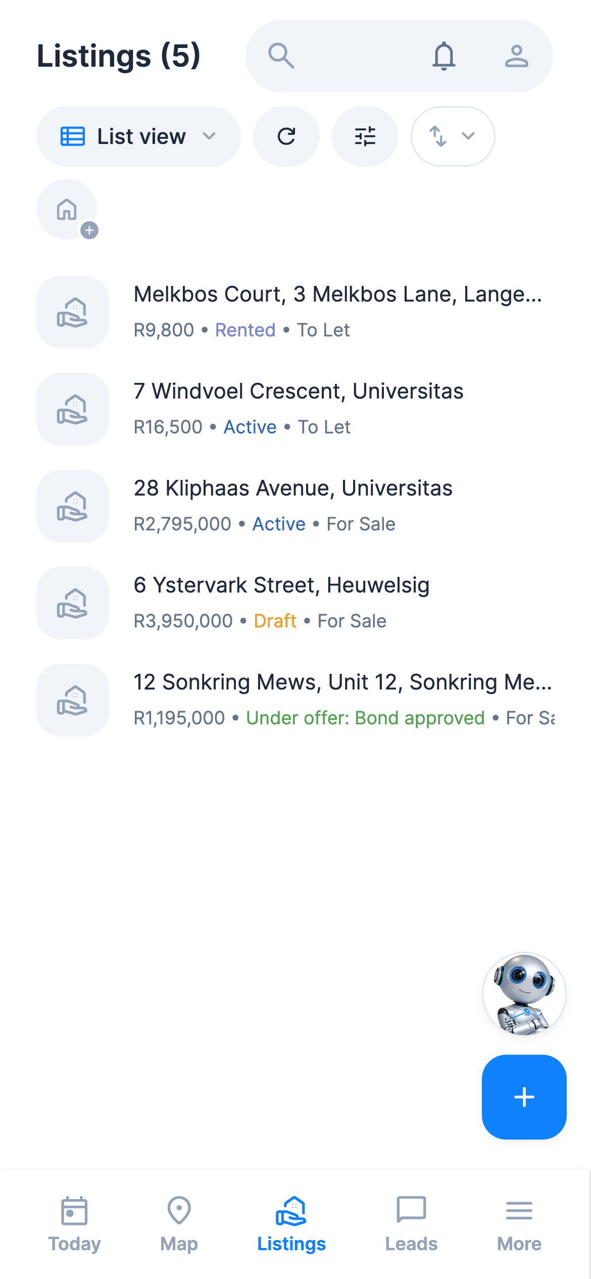 Five listings with prices and stages in the RealtyPA mobile app, above the Today, Map, Listings, Leads and More tabs