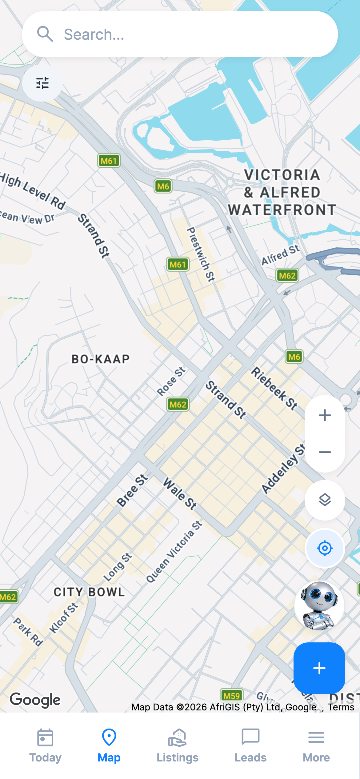 The RealtyPA property map over the Cape Town City Bowl on a phone, with a search bar and map controls