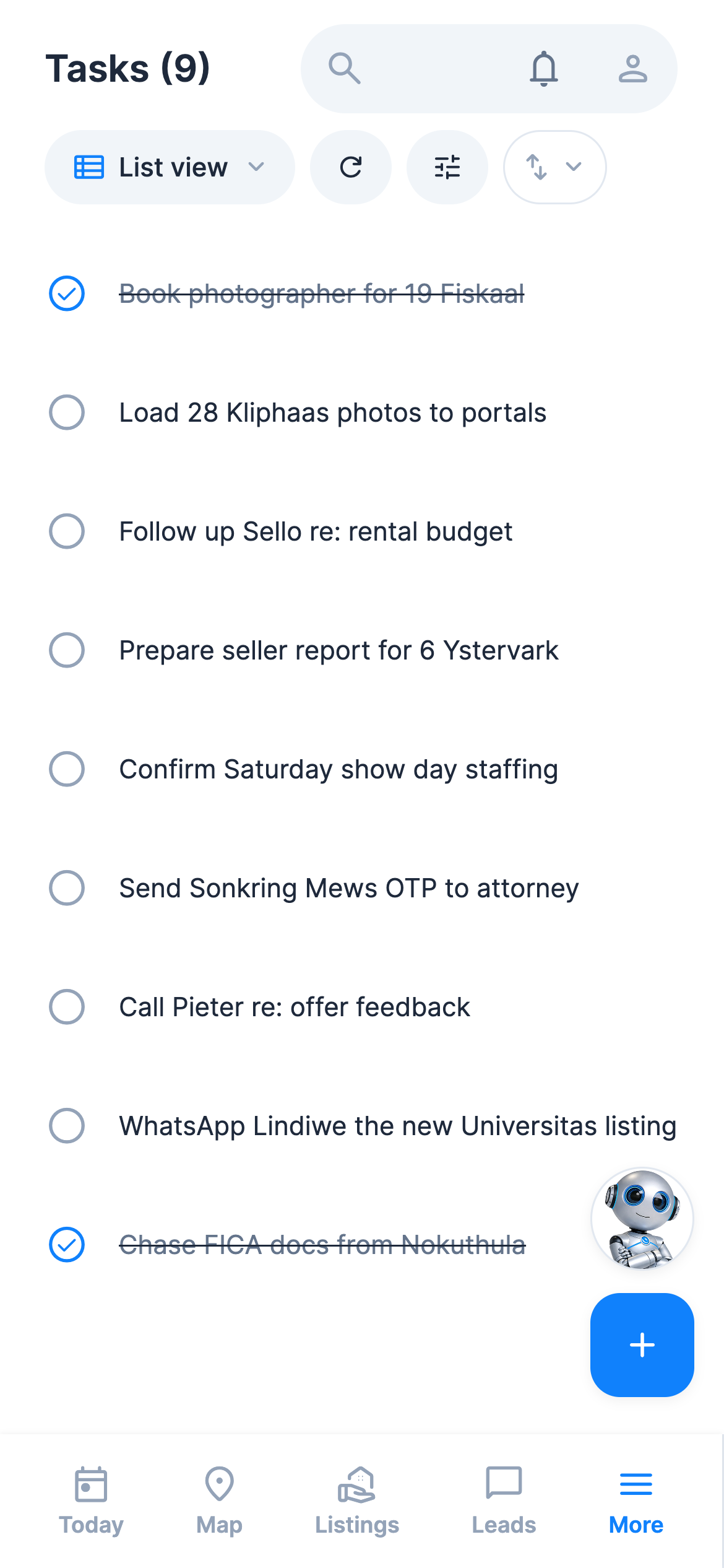 The RealtyPA task list on a phone: nine tick-box tasks, two of them already ticked off and struck through