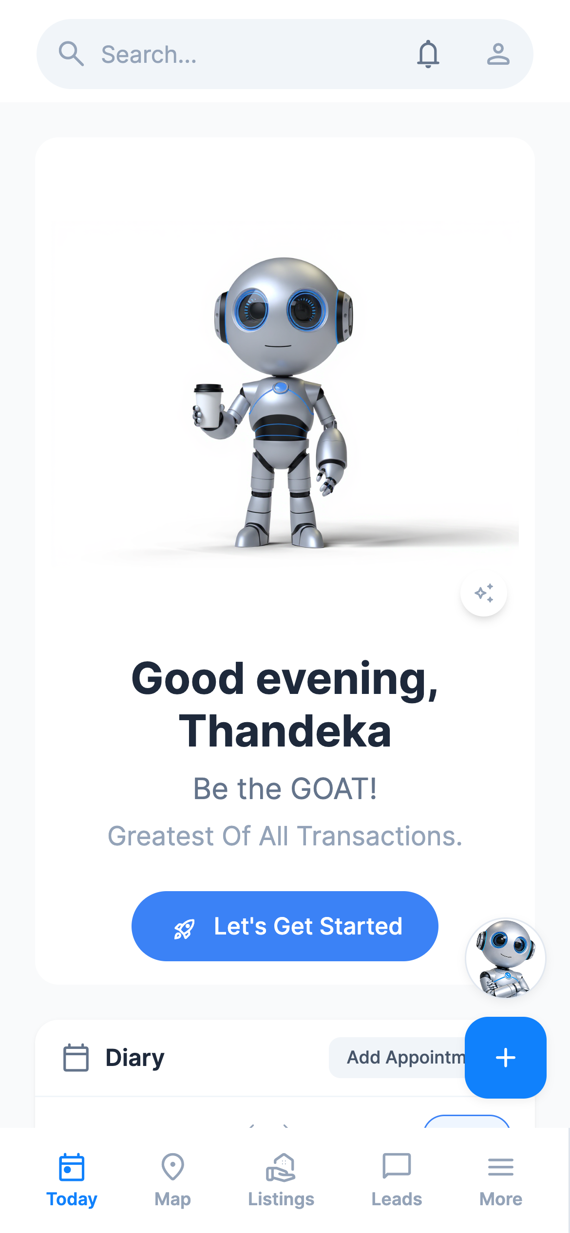 The RealtyPA Today screen on a phone: a good evening greeting for Thandeka above the Diary, with Today, Map, Listings, Leads and More along the bottom