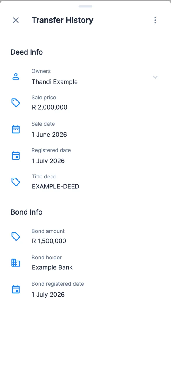 RealtyPA app with sample data: the Transfer History screen, with owner, sale price, sale date, title deed and bond details