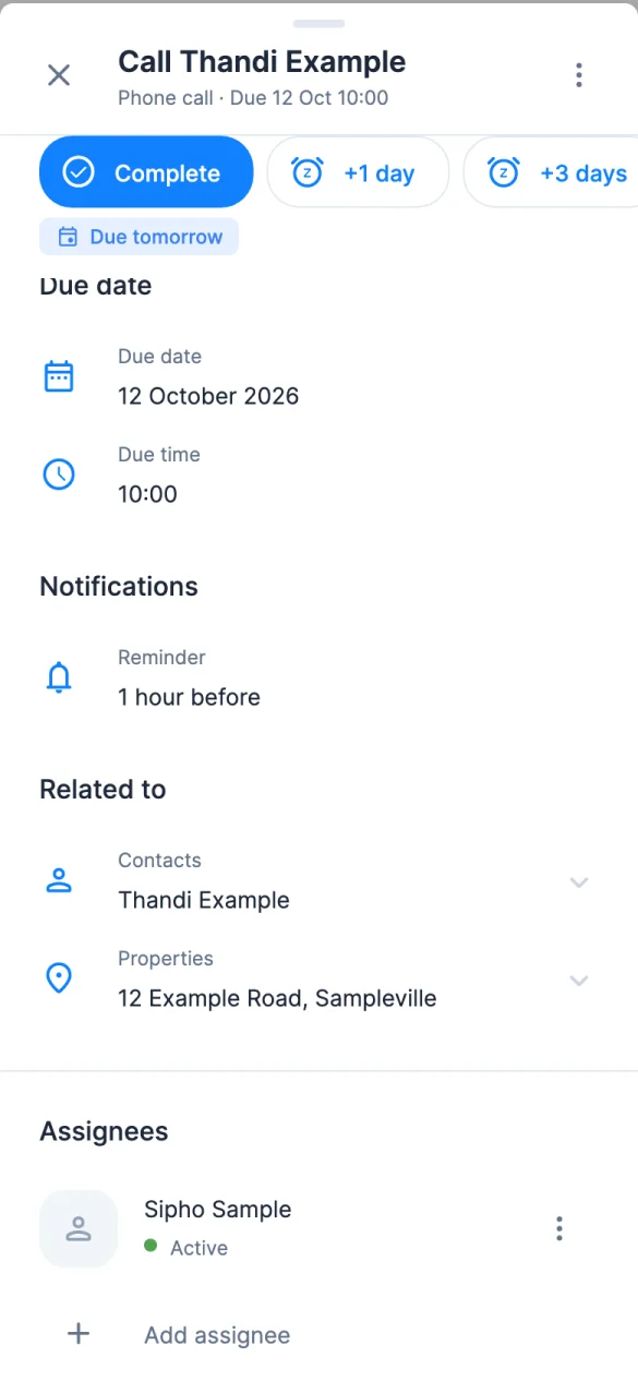 RealtyPA app with sample data: a task with a due date and time, a reminder, a related contact and property, and an assignee