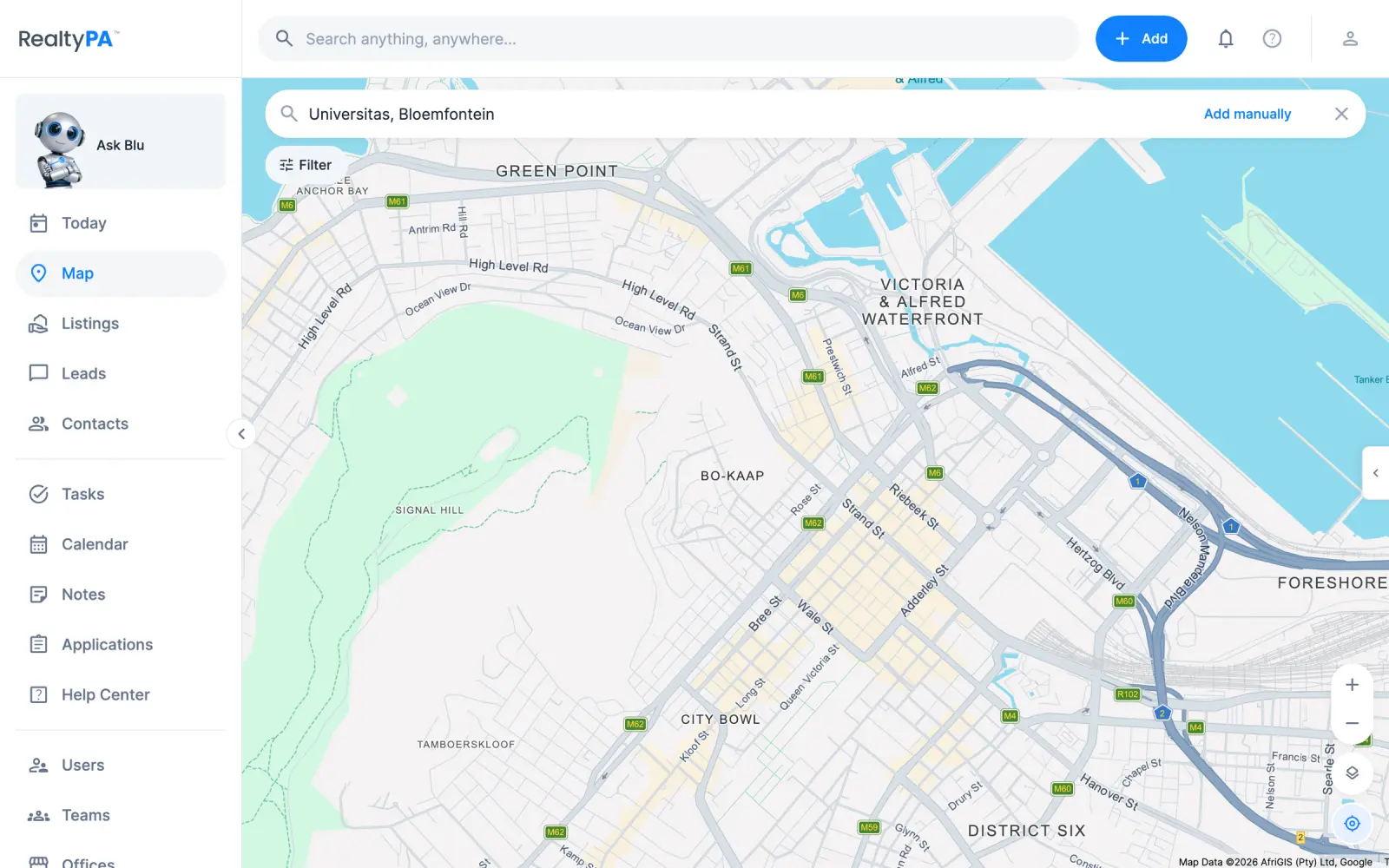 RealtyPA on the web: the Map screen over central Cape Town, with sample pins added